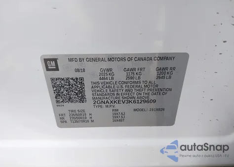 2019 Chevrolet Equinox Lt from USA, damaged, VIN 2GNAXKEV3K6129609